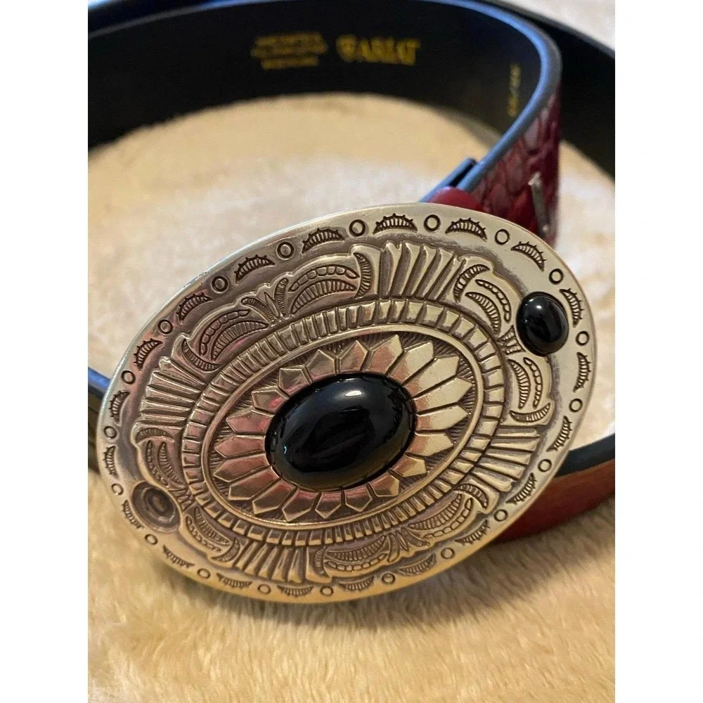Ariat Belt 38 Red Black Equestrian Leather Hand Crafted Silver Buckle Accessory